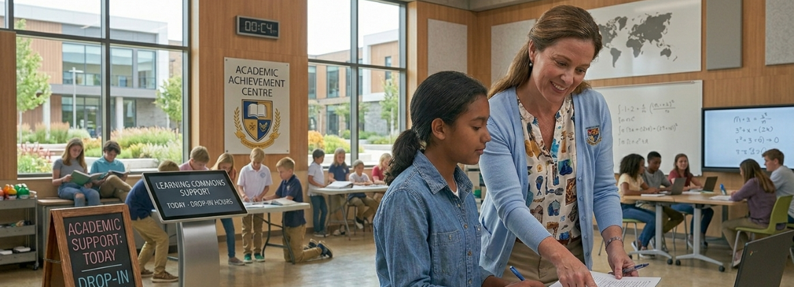Teacher guiding a small group of students during extra help session